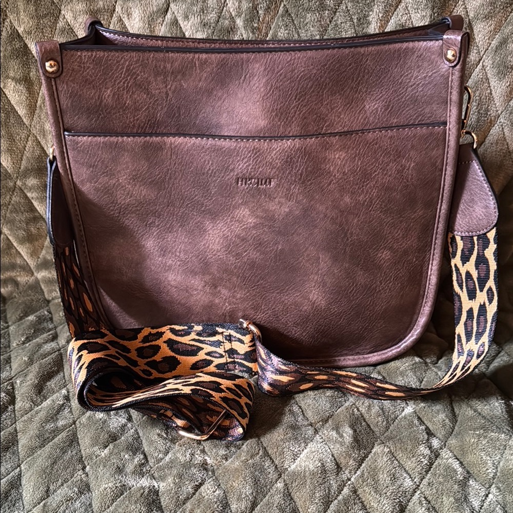 Lux Brown Crossbody Bag with Leopard Strap